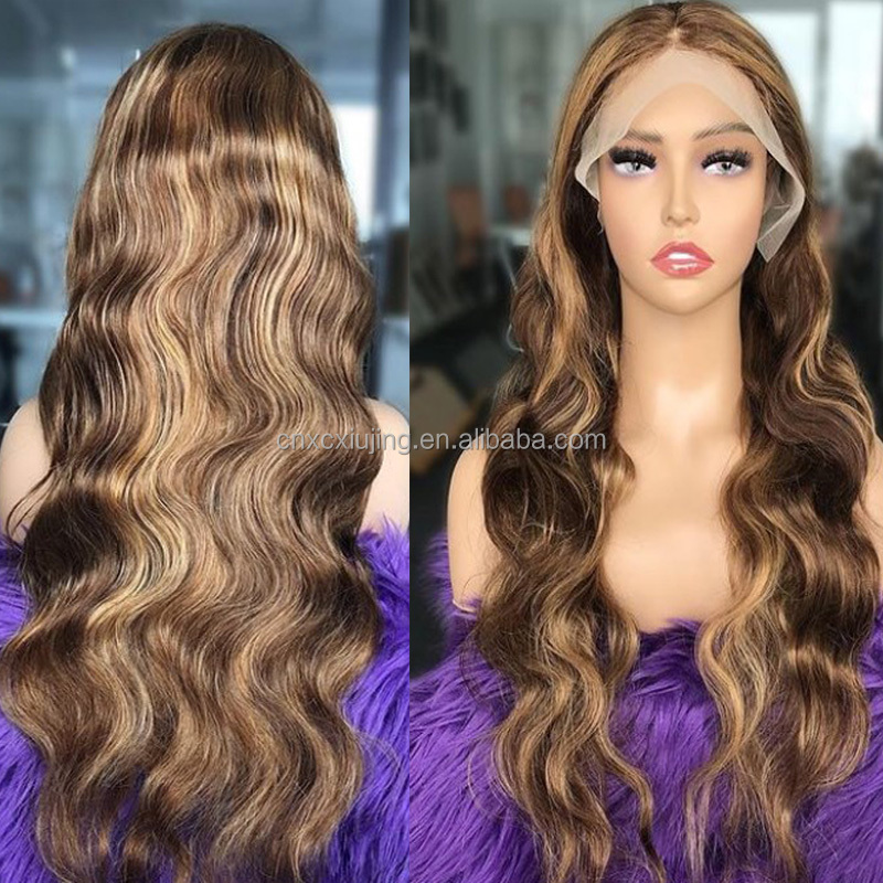 REINE Design Honey Blonde Highlight Wigs,Color 4/27 Highlight Lace Frontal Human Hair Full Lace Frontal Wigs,Brown Highlight Wig