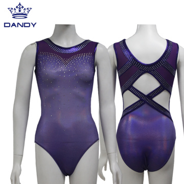 Custom purple mystique fabric gymnastic leotards