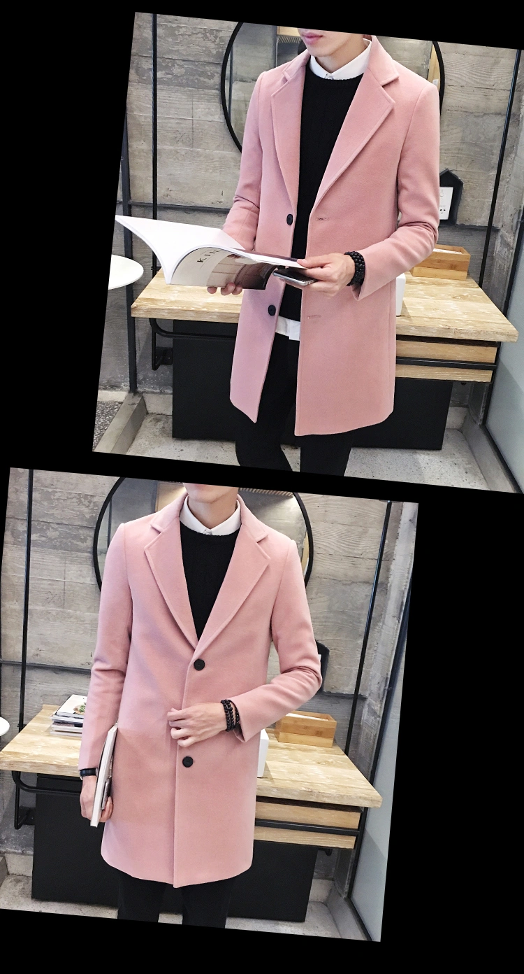 Men's Hong Kong Style Slim MID-Length Woolen Woolen Jacket