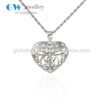 Open Work Silver Heart Pendant Inlaying Colorful Zircon Stones Silver Pendants For Necklaces