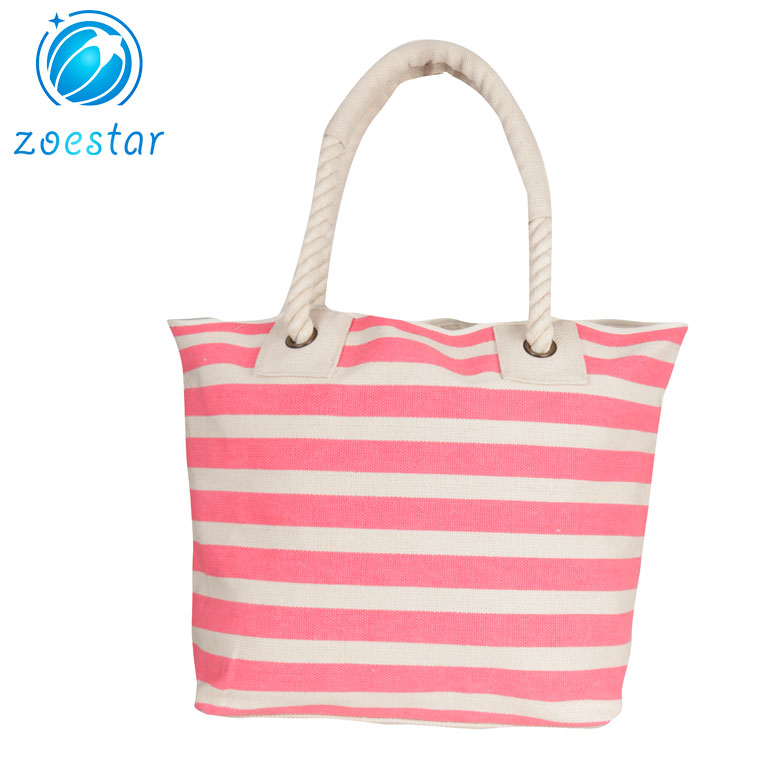 Black Pink Striped Canvas Tote Shoulder Bags Causal Daily Shopping Bags