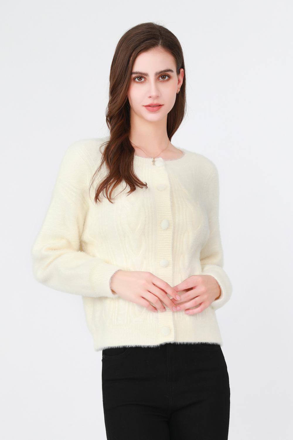 버튼 짜여진 양모 긴 소매 스웨터