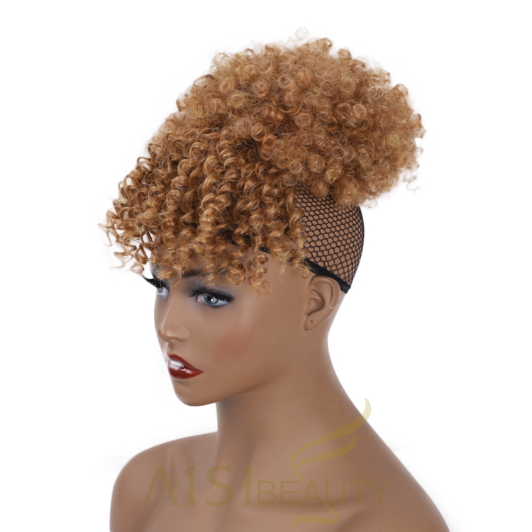 Aisi Beauty Popular New Design Wholesale Afro Fluffy Puff Brown Hairpiece Extension With Bangs Curly Afro Kinky Afro Hair Bun