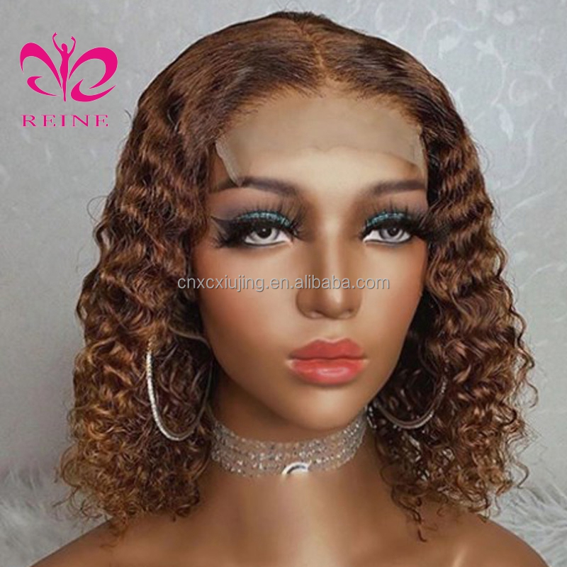 27  curly Honey Blonde Wig 4*4 closure  Human Hair Wigs Brazilian kinky curly Lace Closure Frontal wig For Black Women