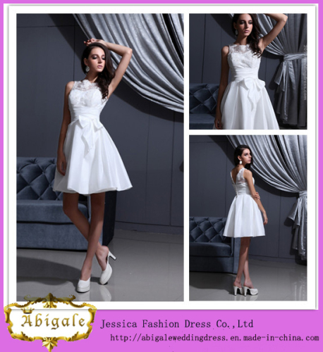 New Elegant Taffeta Lace White Appliques Scoop Sleeveless Zipper Back Sexy Short Wedding Dresses Yj0030