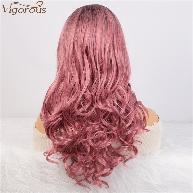 Vigorous Wholesale Price Long Natural Wave Cosplay Wig for Women Synthetic Ombre Pink Middle Part Wigs Heat Resistant