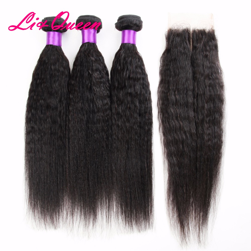 Malaysian Kinky Straight Yaki Hair Weave Lace Closure With Yaki Bulk Hair Bundles