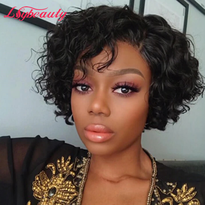 Short Curly Pixie Cut Bob Wigs Brazilian Romance Curly Human Hair Lace Closure Wigs For African American Black Women