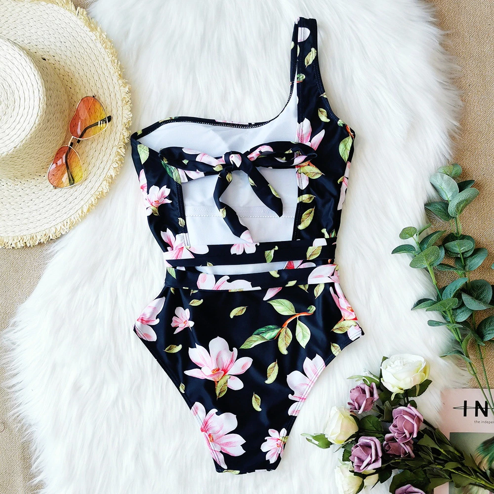 2021 New One-Shoulder Printed Floral One-Piece Swimsuit Strappy Swimsuit Women