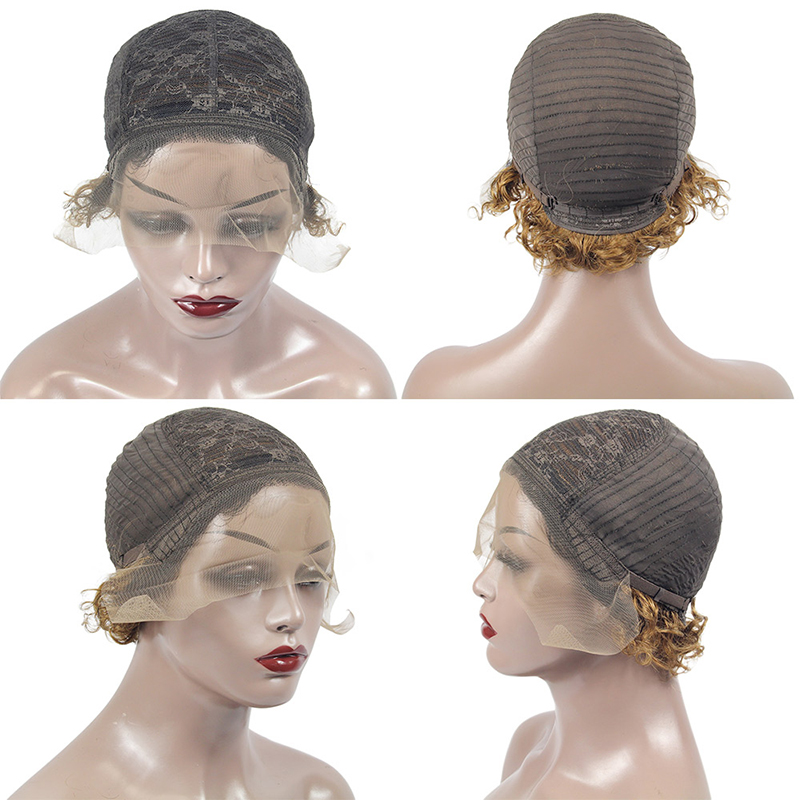 Wholesale machine made pixie curly short wigs, #30 T lace line 100 virgin human short hair wigs, short human hair wigs