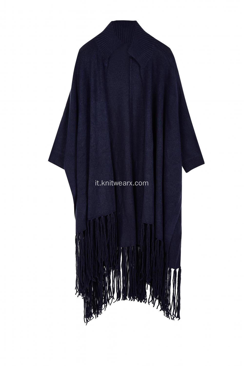 Mantella poncho da donna con frange elastiche lavorate a maglia con nappe sul fondo