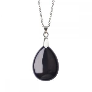 Collier pendentif en forme de goutte d&#39;eau naturelle avec onyx noir 28x35MM avec chaîne en argent de 45 cm