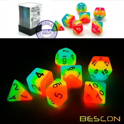 Bescon Fantasy Rainbow Brillante Polyhedral Dice 7pcs Set MIDNIGHT CANDY, Luminoso juego de dados RPG Glow in Dark, Novedad DND Game Dice