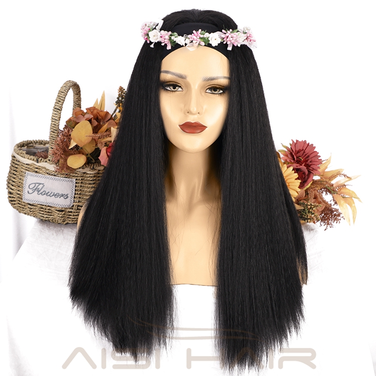 2021 Best Quality Wholesale Long Yaki Glueless Synthetic Wigs Grip Adjustable Headband Attached For Women Brazillian None Lace