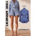 Striped Long Sleeve Drawstring Waist Flared Short Jumpsuits