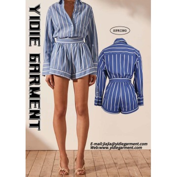 Striped Long Sleeve Drawstring Waist Flared Short Jumpsuits