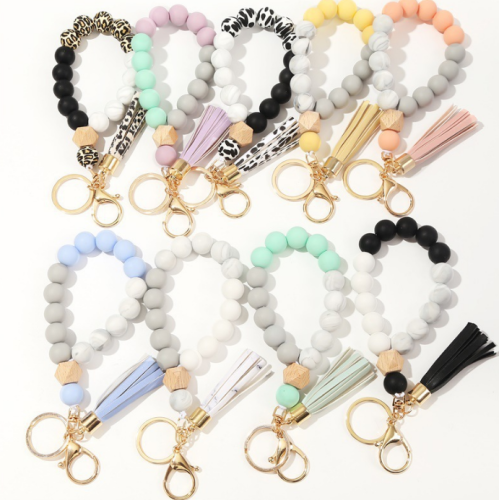 Anpassad Tassel Silicone Leopard Beaded Armband Keychain