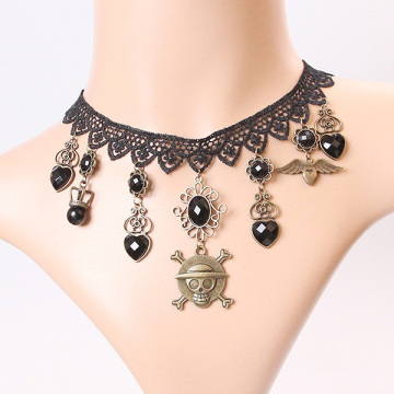 Black Lace Necklace With The Skull Pendant Tassel Choker