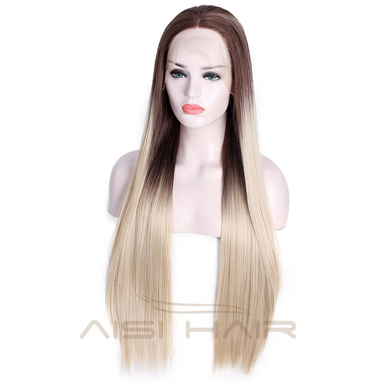 Good Quality Lace Front Wigs Silk Straight Blonde Ombre Synthetic Long Wigs Heat Resistant Synthetic Fiber Wigs