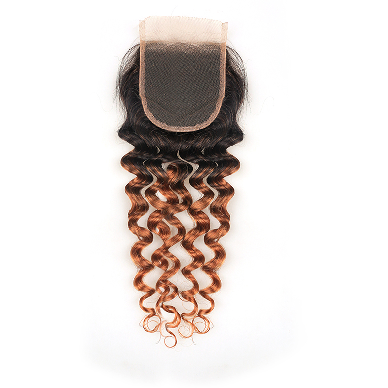 Ombre Dark Brown T1B 30 Brazilian Deep Curly Human Hair Weave Bundles With Middle Part Closure 4*4  Hair Extension With Closure