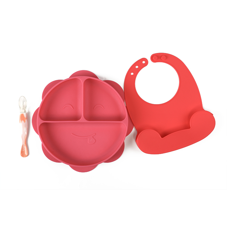 Divided suction silicone baby plate bib baby spoon feeding set