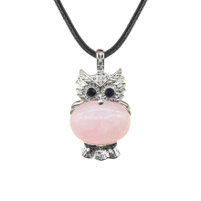 Rose Quartz Oval Beads CZ Rhinestone Silver Owl Pendant Necklace 45cm Black Cord