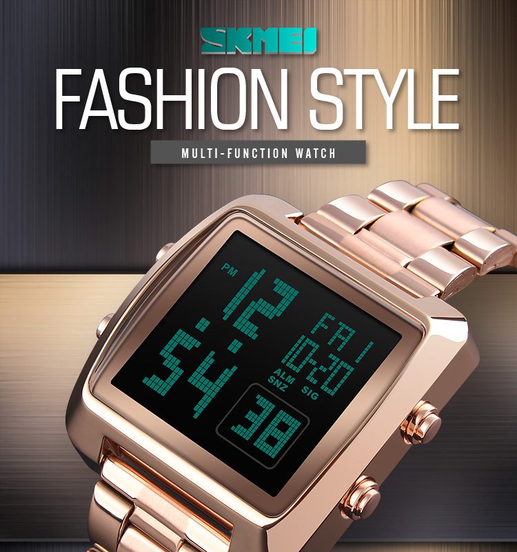 Skmei 1369 luxury custom logo stainless steel strap waterproof 3ATM black gold digital watch for men