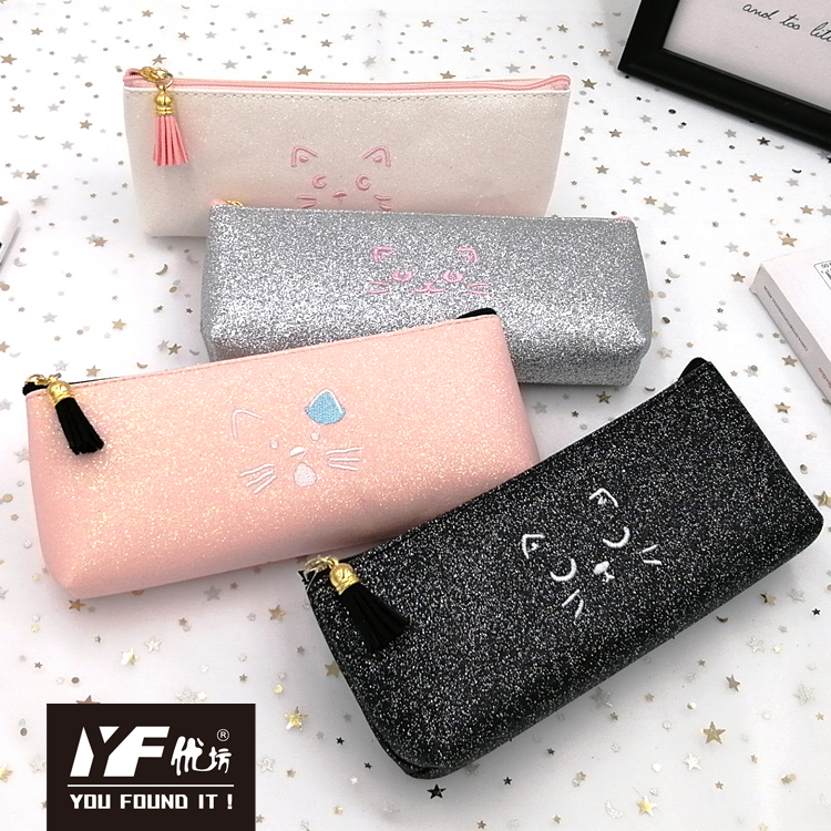 Embroidery cat style cute shiny PU pencil case