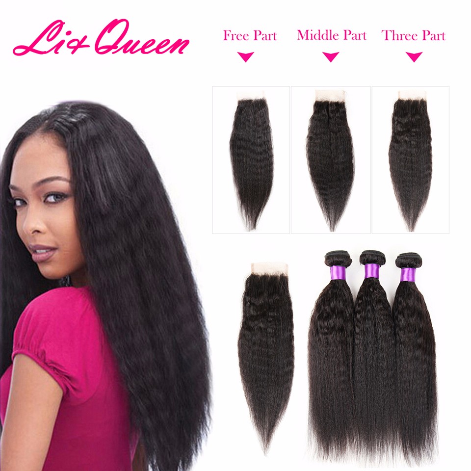 Malaysian Kinky Straight Yaki Hair Weave Lace Closure With Yaki Bulk Hair Bundles