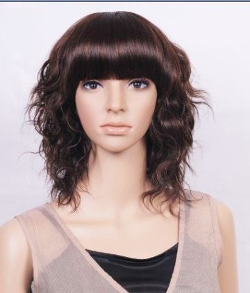 Women Medium Long Light Brown Wavy Full Wig hair KR65