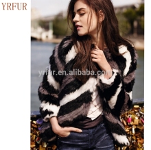 YR699A Korean Style Women Striped Hand Knit Genuine Rabbit Fur Coat