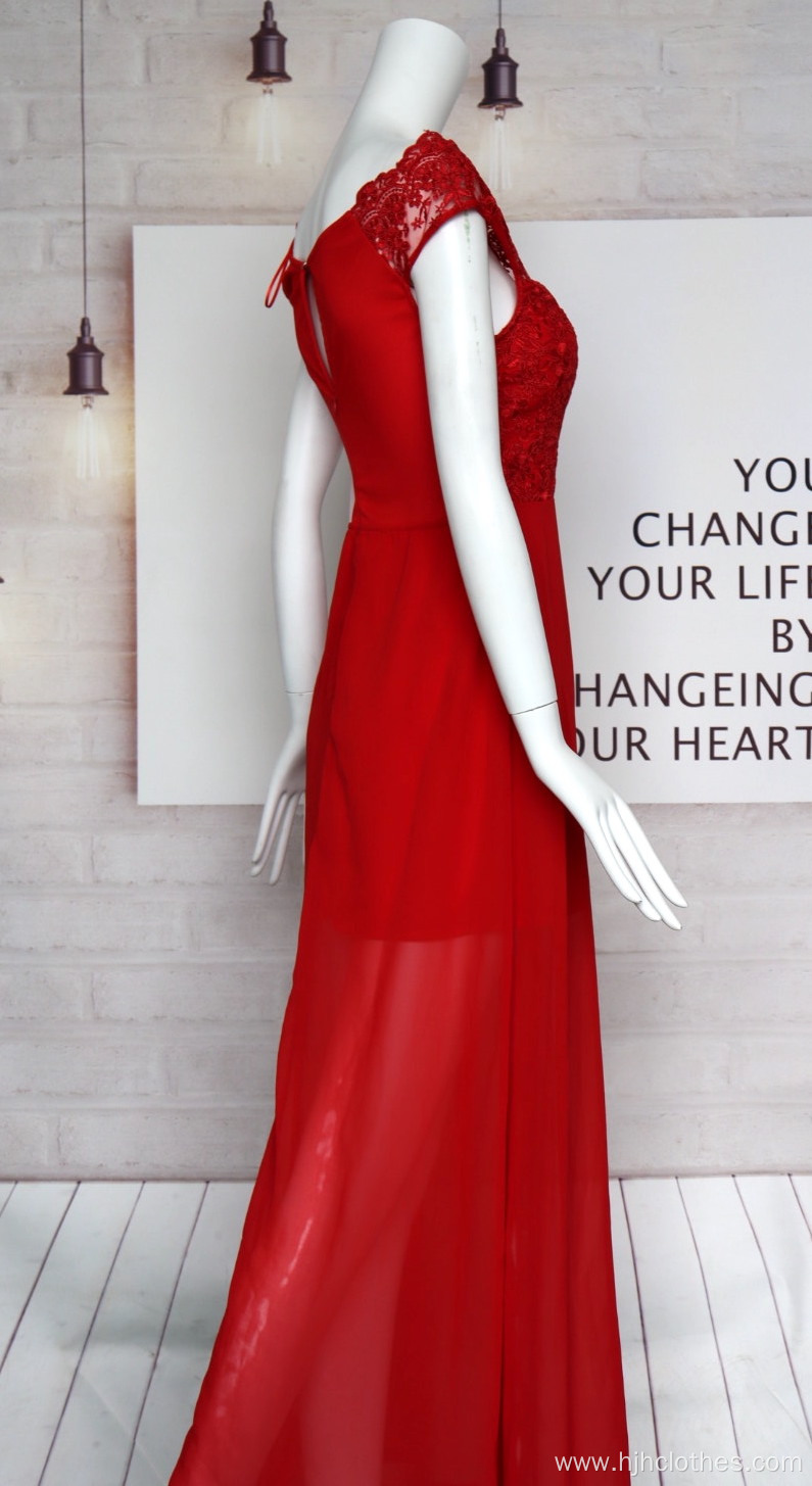 Women's Red Embroidered Chiffon Dress