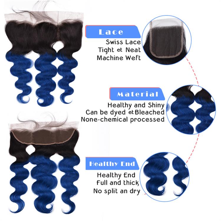 Ombre Remy Hair Brazilian Hair Extension Two Tone Color 1B/Blue Body Wave 13*4 Swiss Lace Frontal