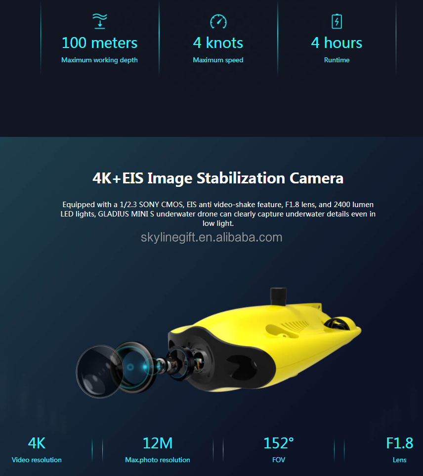 Chasing GLADIUS MINI S Underwater Drone ROV Robot for Diving and Rescue with Robotic Arm for finding fishes