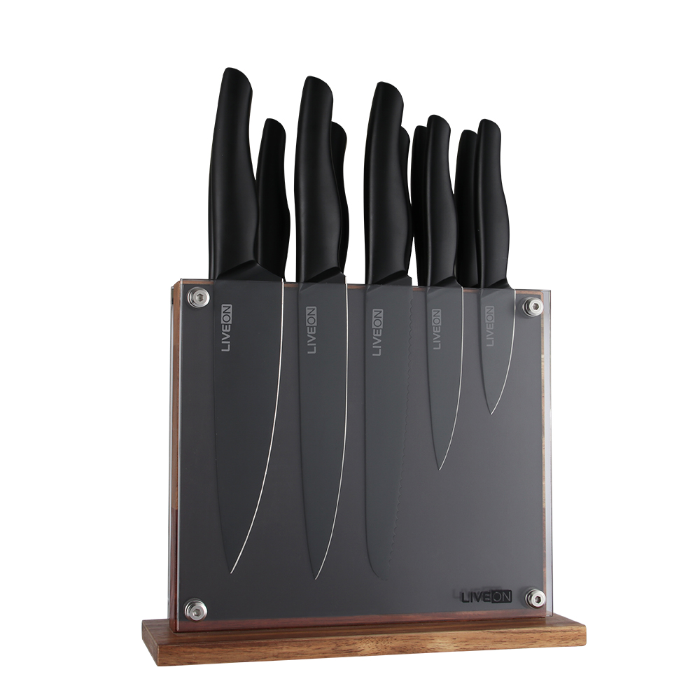 Conjunto de facas pretas com bloco de madeira magnético