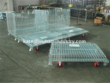 Wire mesh folding material transport trolley cage with caster