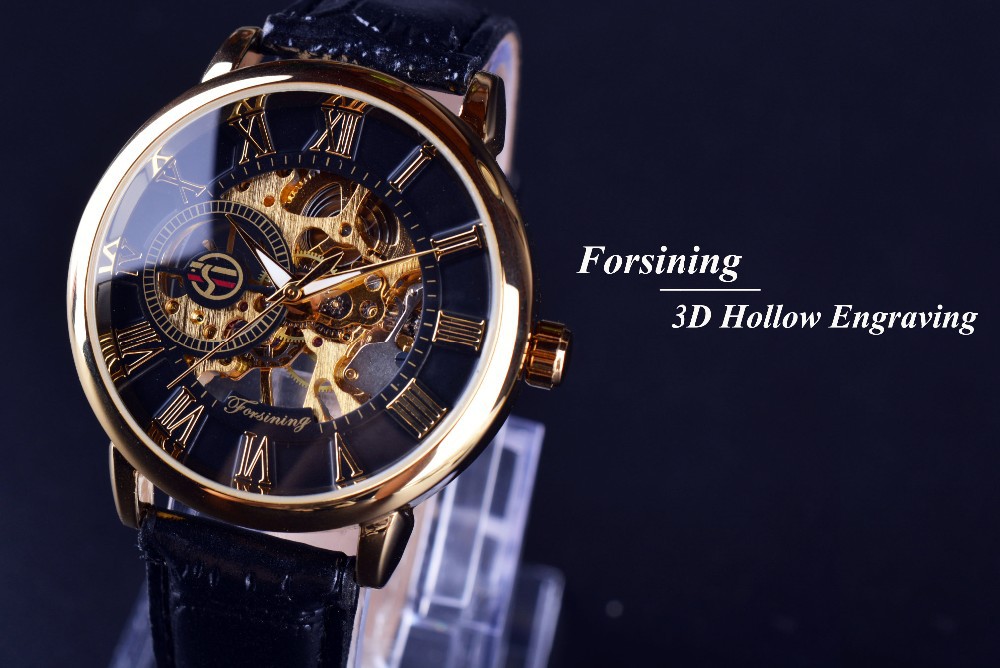 Forsining 052 Automatic Watch Men Sport Gold Mechanical Skeleton Watches Brand Mens Watch Leather Wristwatch Relogio Masculino