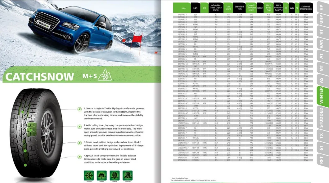 Lanvigator Winter Snow Car Tires PCR M+S Catchsnow 215/60r16 215/65r16c 215/70r16 215/75r16c 225/60r16 225/65r16c 225/70r16 Lt225/75r16 235/65r16c 235/70r16