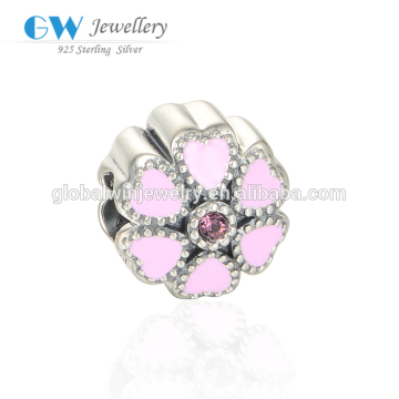 Romantic Pink Enamel Flower 925 Silver Charms Good Luck Charms