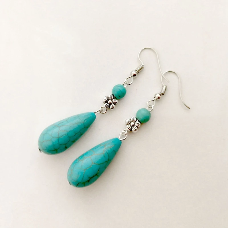 Synthetic Turquoise Long Drop Earrings