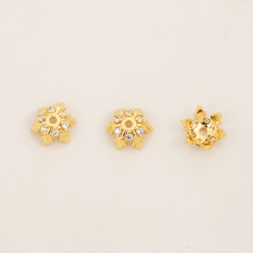 18K Gold Plated Brass Snowflake Bead Cap with Zircon Inlay
