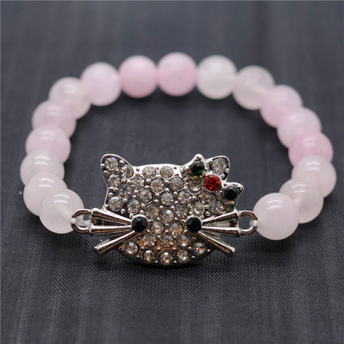 Bracelet de pierres précieuses extensibles de perles rondes de quartz rose 8MM avec pièce de tête de chat en alliage Diamante