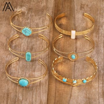 Vintage-Inspired Minimalist Bangle Bracelets with Turquoise Stones and Stainless Steel for Women