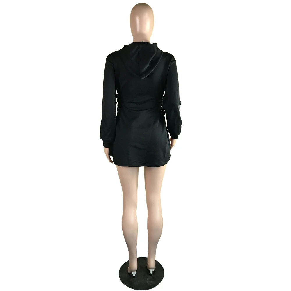 Most Popular 2021 Summer Casual Strap Tie Elastic Waist Ruffed Long Sleeve Short Skirts Hoodie Dress