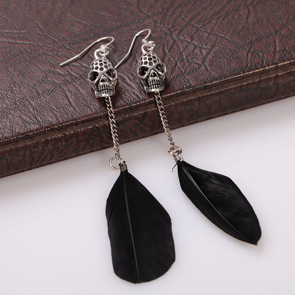 Skull Charm Feather Earrings