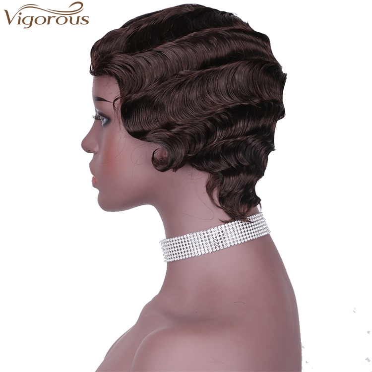 Vigorous Wholesale Price Top Quality Real Human Hair Finger Wave Wig Pixie Cut 4# Short Curly Wigs for African American Women