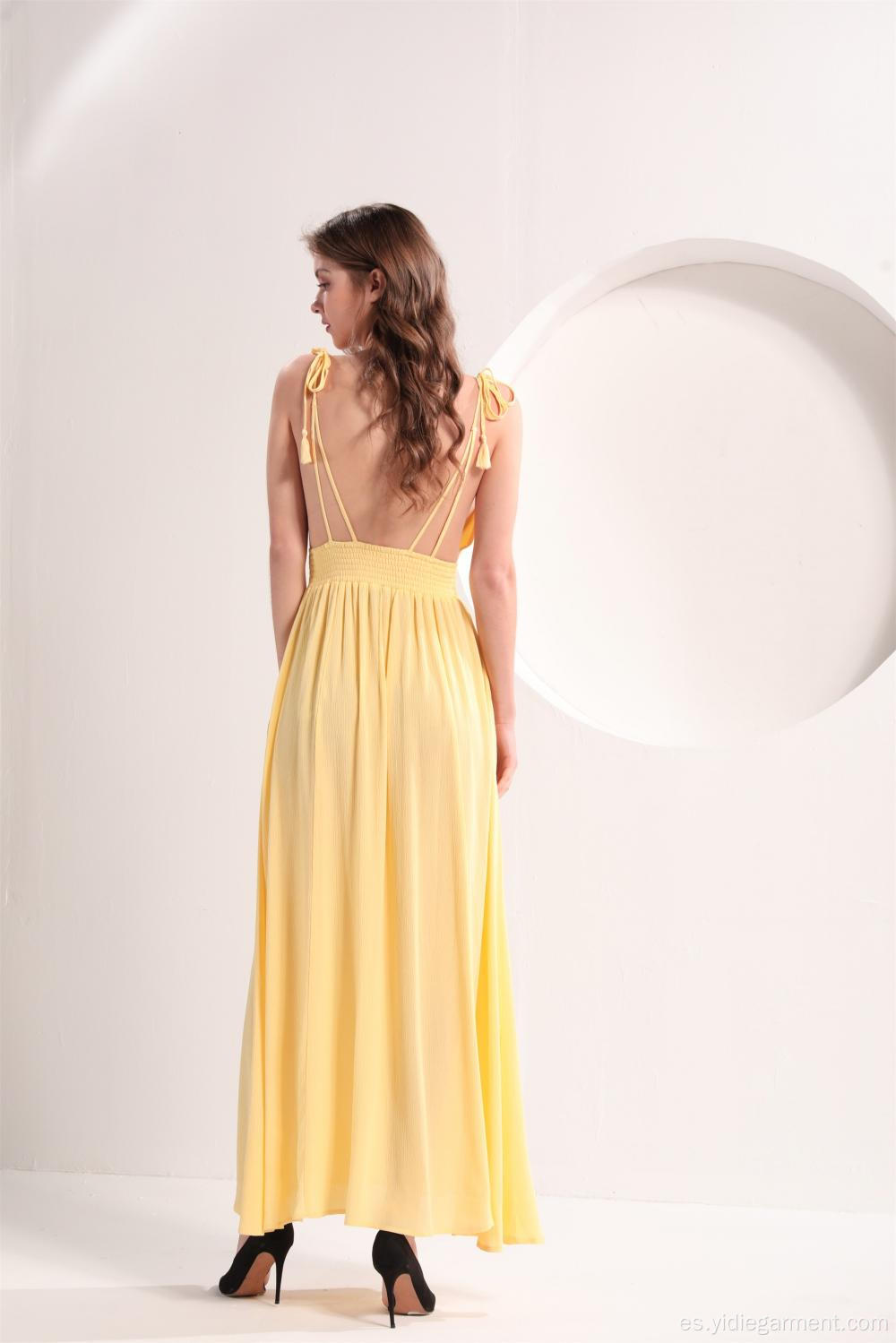 Vestido amarillo escote en V para mujer