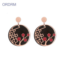 Rose Gold Black Round Cute Flower Dangle Earrings