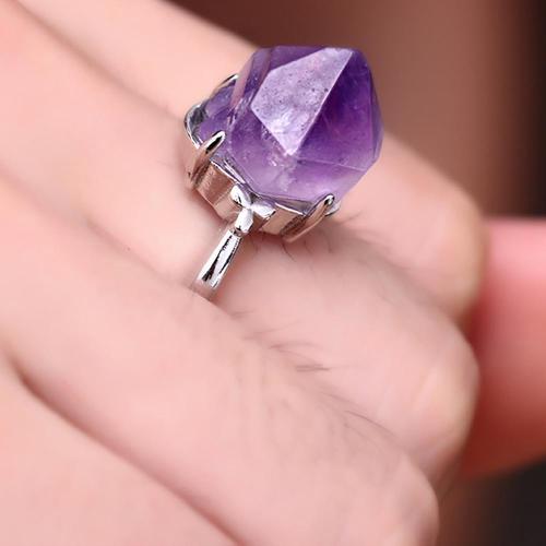 Natural amethyst ring raw ore simple personality adjustable metal meditation healing Yoga calm Worry Stone gift jewelry