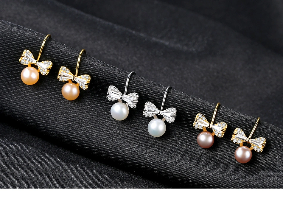 Lovely CZ Bowknot Sterling Silver Freshwater Pearl Stud Earrings